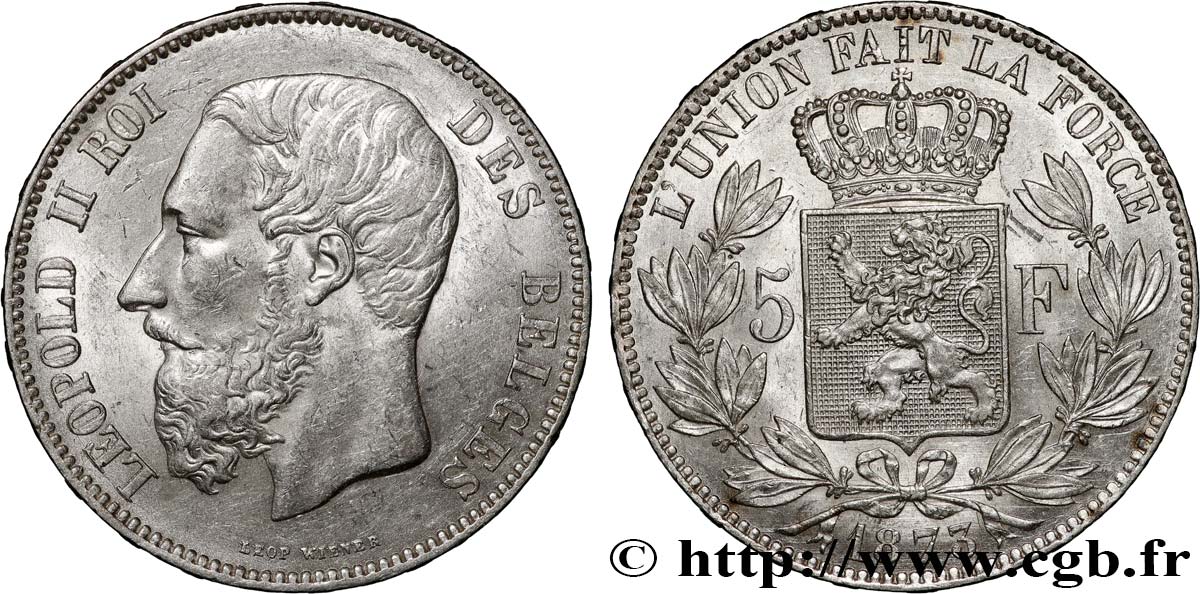 BELGIQUE 5 Francs Léopold II 1873  TTB+ 