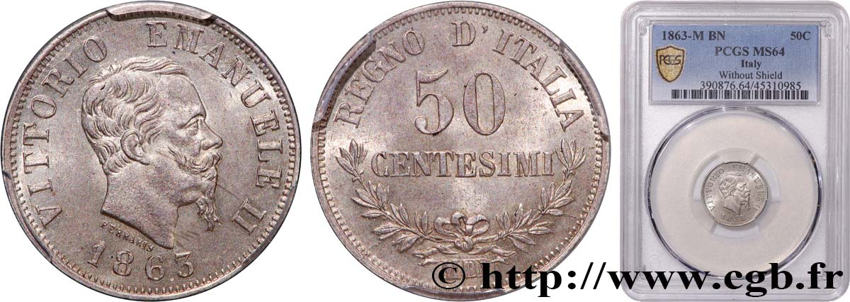 ITALY - KINGDOM OF ITALY - VICTOR-EMMANUEL II 50 Centesimi  1863 Milan MS64 PCGS