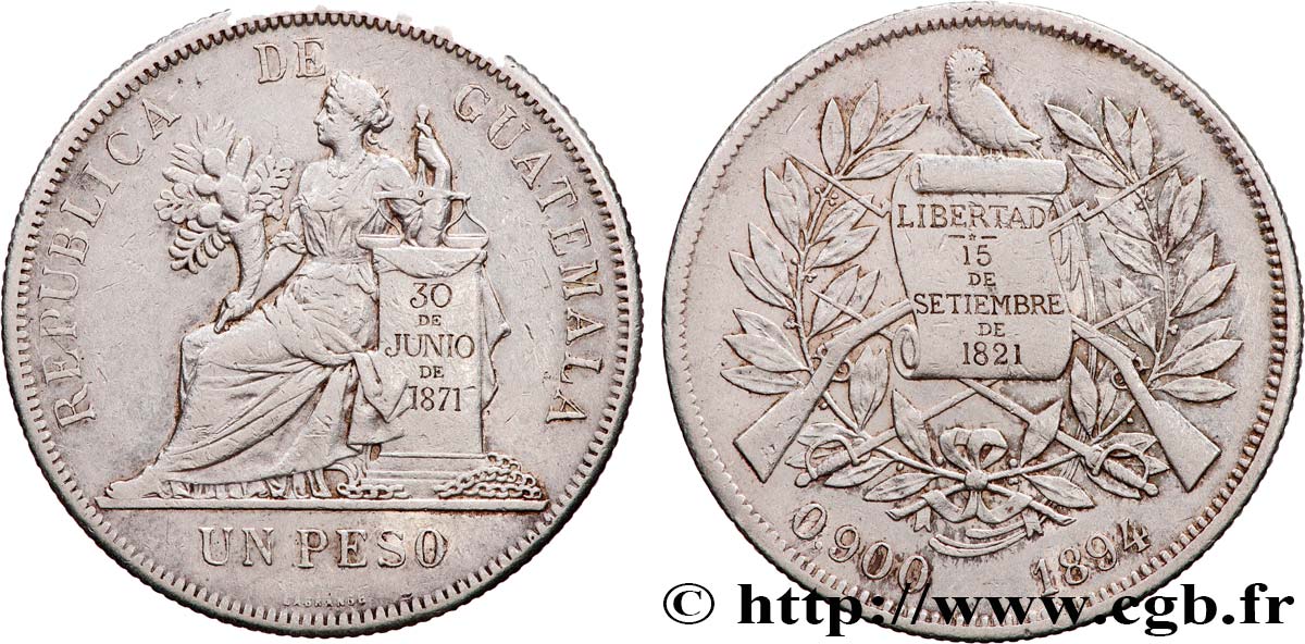 GUATEMALA 1 Peso 1894 Heaton TTB 