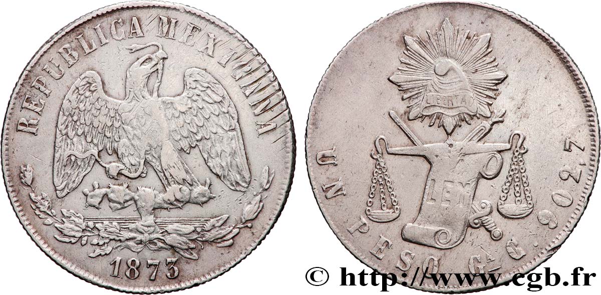 MEXIKO 1 Peso aigle 1873 Guadalajara SS 