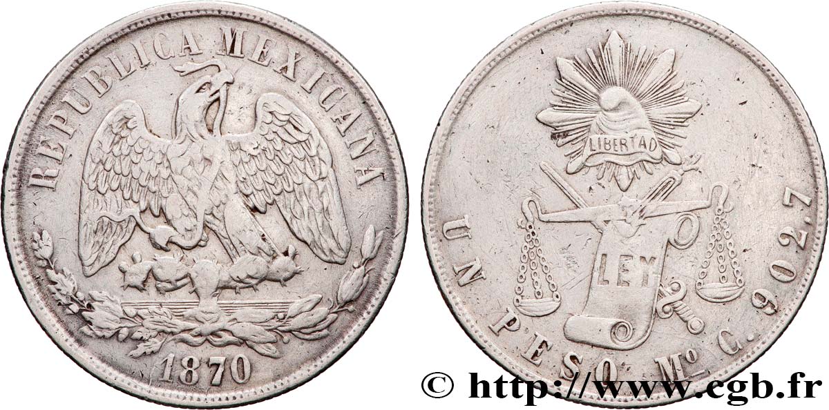MÉXICO 1 Peso aigle 1870 Mexico MBC 
