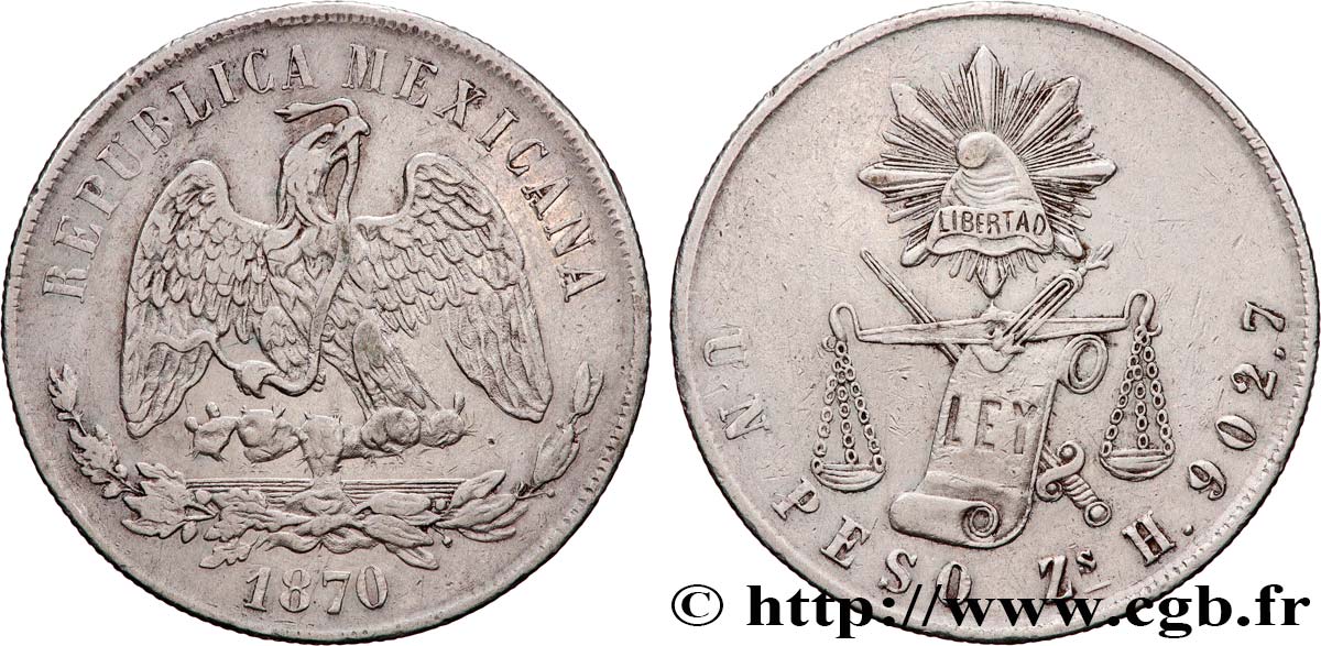 MÉXICO 1 Peso aigle 1870 Zacatecas MBC+ 