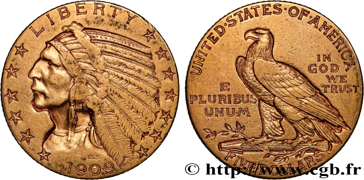 OR, PALLADIUM ET PLATINE INVESTISSEMENT 5 Dollars  Indian Head  1909 Philadelphie TTB 