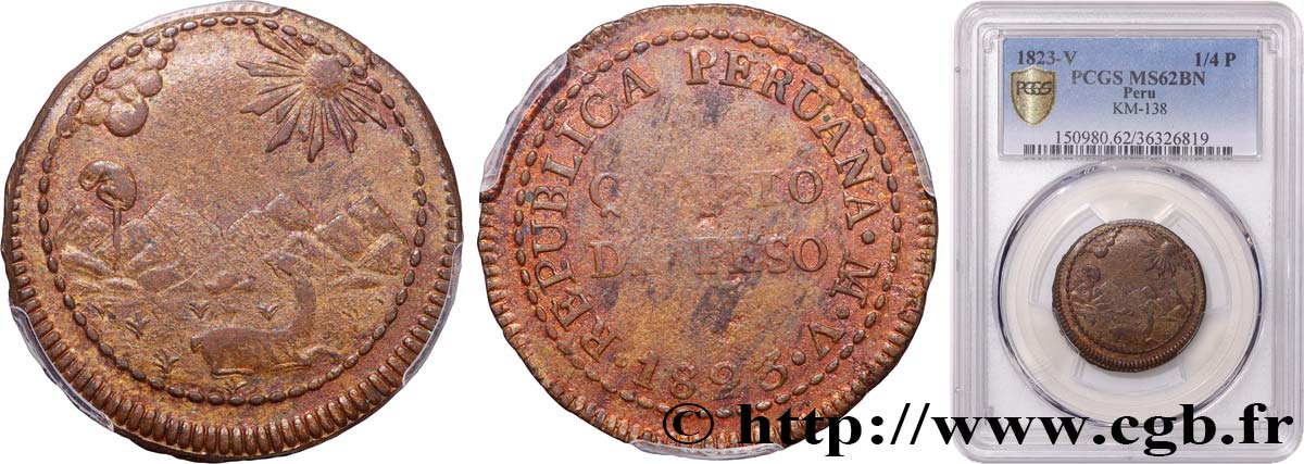 PÉROU 1/4 Peso monnayage provisoire républicain
 1823 Lima SUP62 PCGS