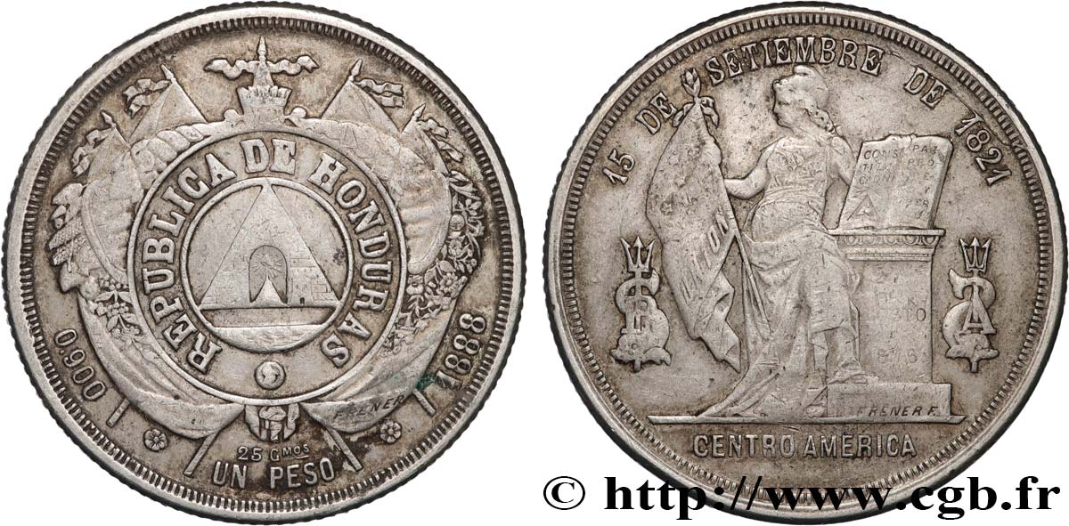 HONDURAS 1 Peso 1888  VF 