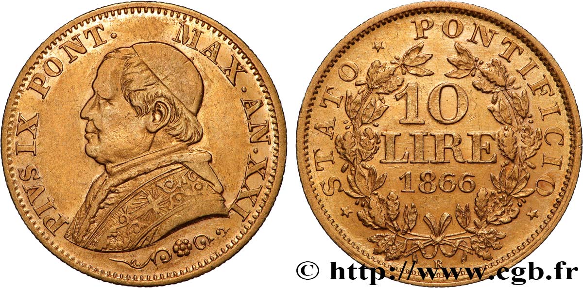 ITALIA - STATO PONTIFICIO - PIE IX (Giovanni Maria Mastai Ferretti) 10 Lire an XXI 1866 Rome q.SPL 