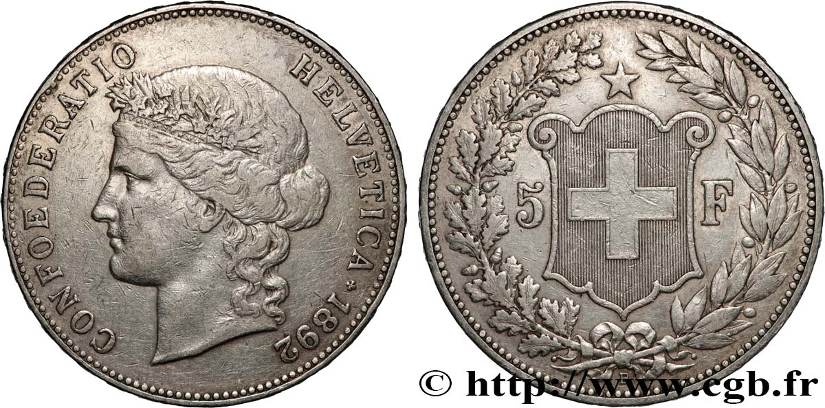 SUIZA 5 Francs Helvetia 1892 Berne MBC 