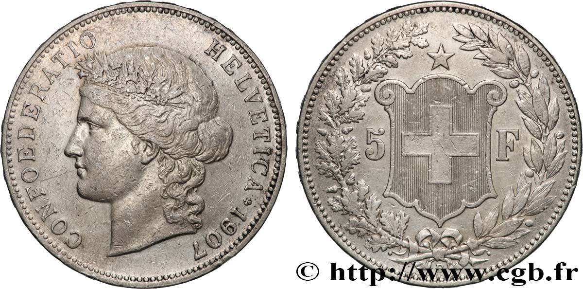 SUISSE 5 Francs Helvetia 1907 Berne TTB 