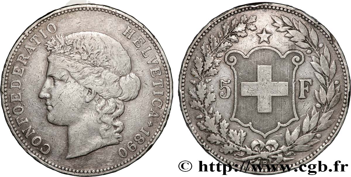 SUISSE 5 Francs Helvetia 1890 Berne TB+ 