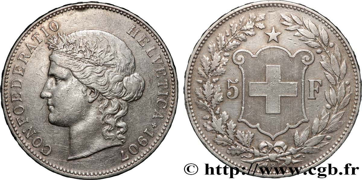 SUISSE 5 Francs Helvetia 1907 Berne TTB 