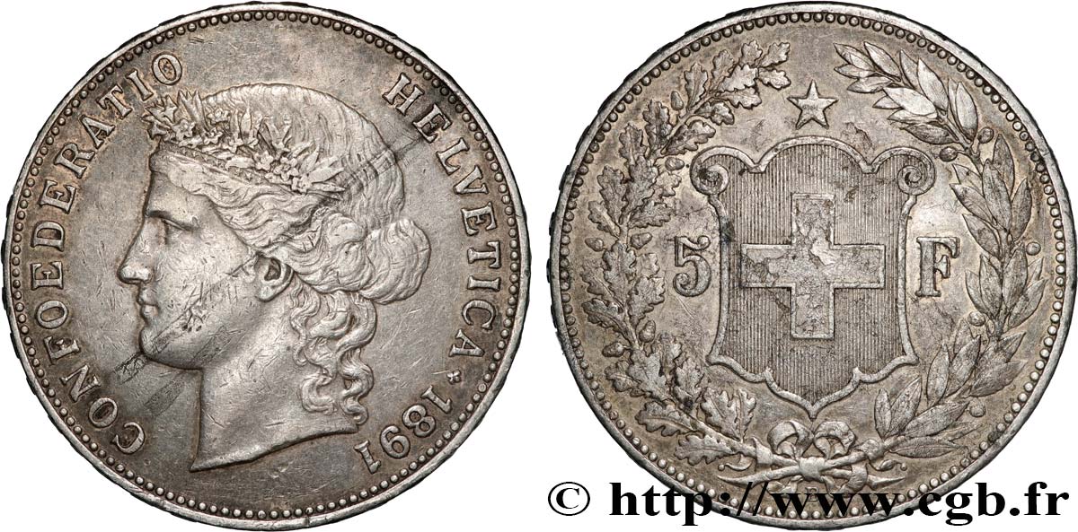 SCHWEIZ 5 Francs Helvetia 1891 Berne SS 