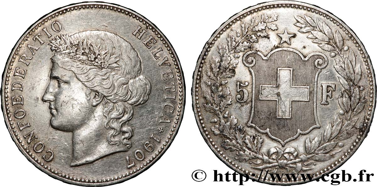 SUIZA 5 Francs Helvetia 1907 Berne MBC 