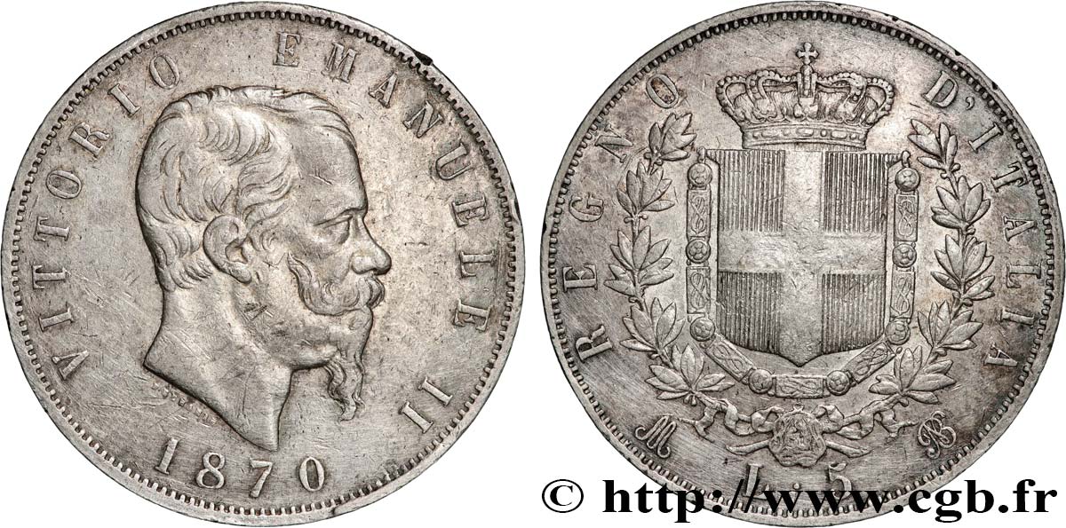 ITALY - KINGDOM OF ITALY - VICTOR-EMMANUEL II 5 Lire  1870 Milan VF 