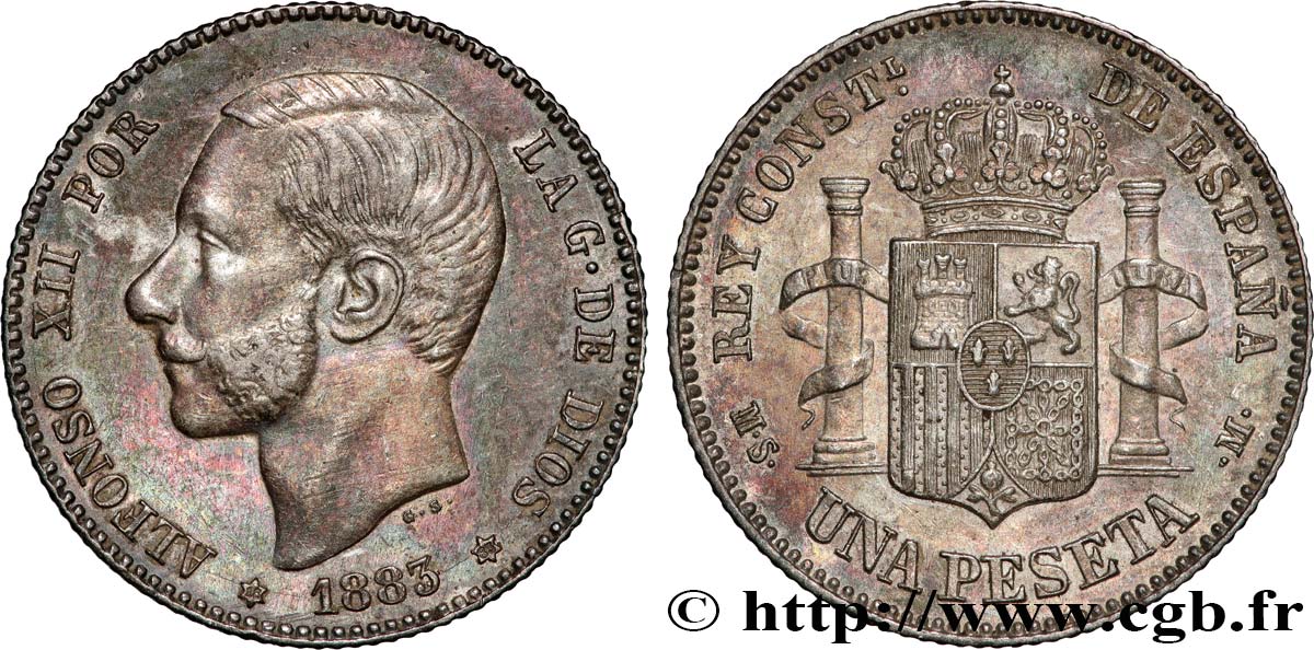 SPAIN - KINGDOM OF SPAIN - ALFONSO XII 1 Peseta  1883 Madrid XF 