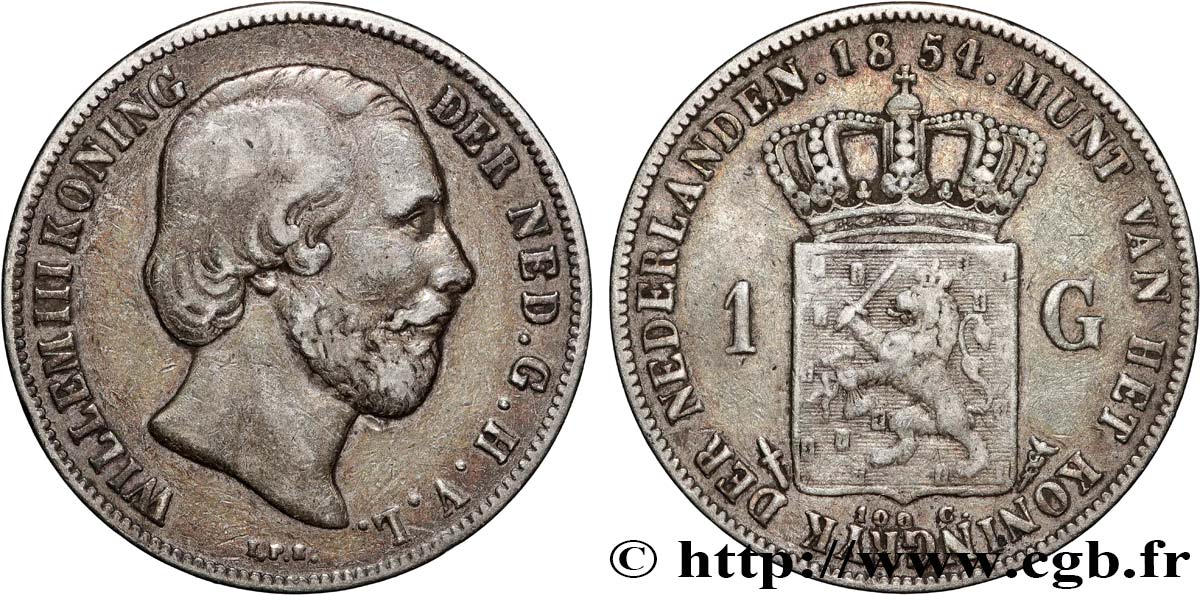 NETHERLANDS - KINGDOM OF THE NETHERLANDS - WILLIAM III 1 Gulden  1854 Utrecht XF 
