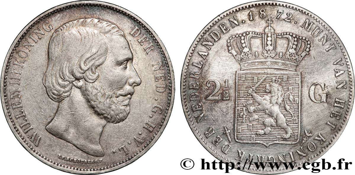 NETHERLANDS - KINGDOM OF THE NETHERLANDS - WILLIAM III 2 1/2 Gulden  1872 Utrecht XF 