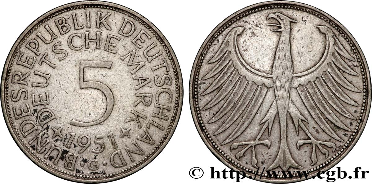 DEUTSCHLAND 5 Mark aigle 1951 Karlsruhe SS 