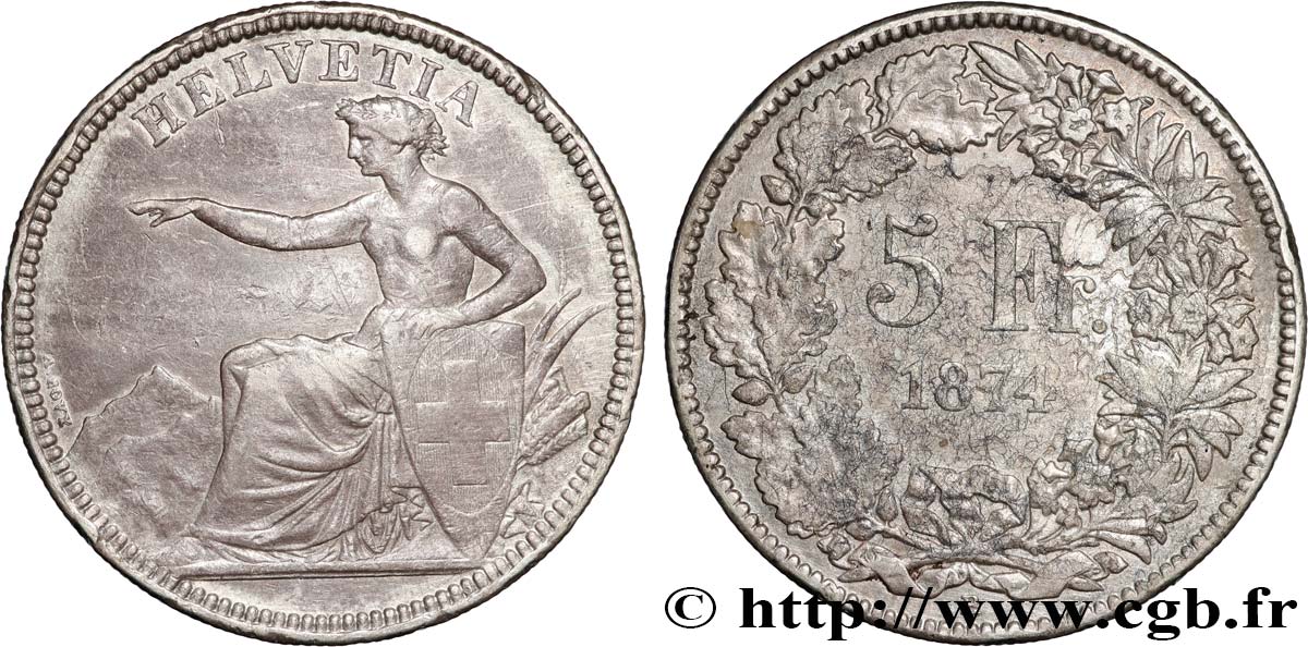 SUISSE 5 Francs Helvetia assise 1874 Berne TTB 