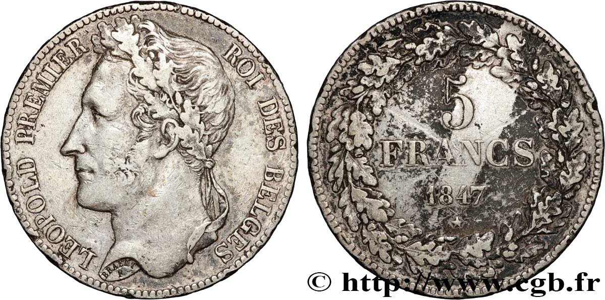 BELGIQUE 5 Francs Léopold Ier tête laurée 1847  TTB 