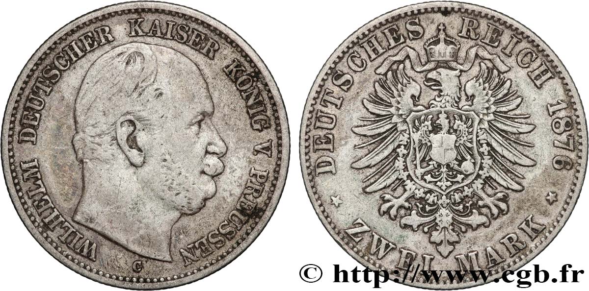 GERMANY - PRUSSIA 2 Mark Guillaume Ier 1876 Francfort VF 