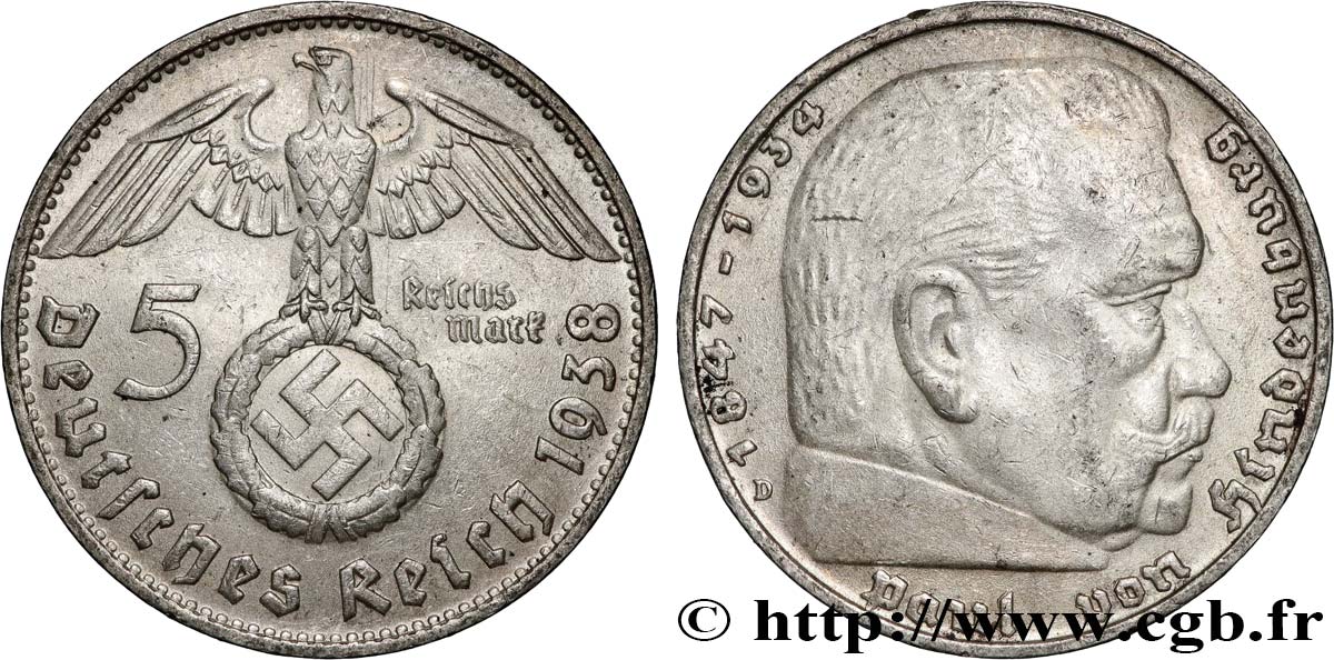 ALLEMAGNE 5 Reichsmark aigle surmontant une swastika / Maréchal Paul von Hindenburg 1938 Munich - D TTB+ 