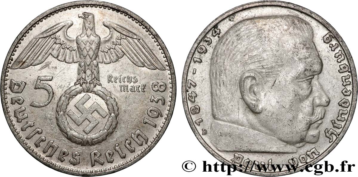 ALLEMAGNE 5 Reichsmark aigle surmontant une swastika / Maréchal Paul von Hindenburg 1938 Munich - D TTB+ 