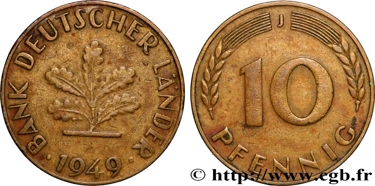 GERMANY 10 Pfennig “Bank deutscher Länder” 1949 Hambourg - J XF 
