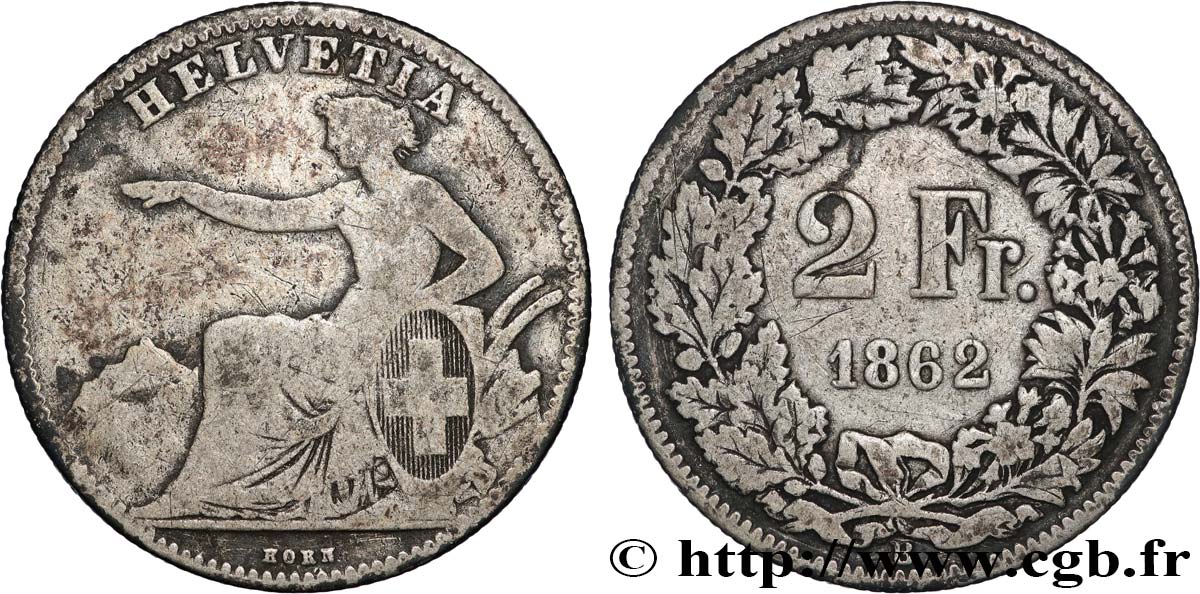 SUISSE 2 Francs Helvetia 1862 Berne TB 