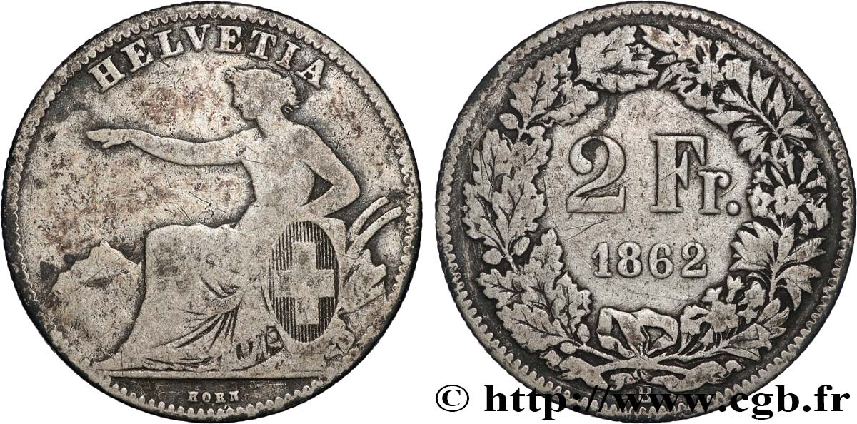 SWITZERLAND 2 Francs Helvetia 1862 Berne VF 