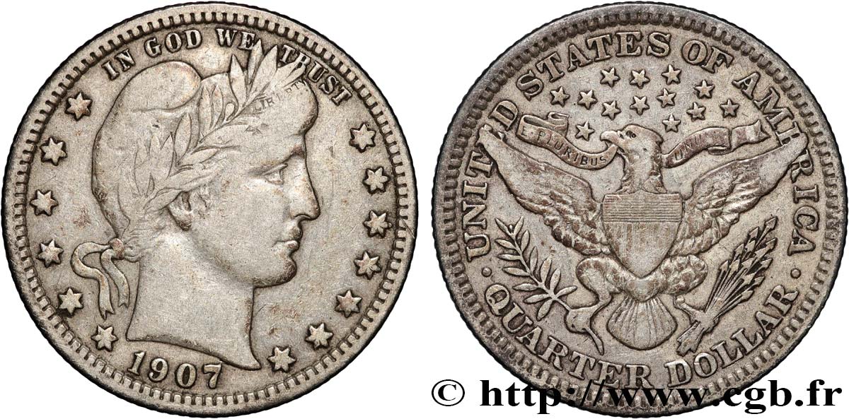 ÉTATS-UNIS D AMÉRIQUE 1/4 Dollar Barber 1907 Philadelphie TTB 