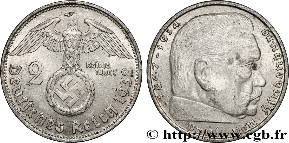 ALLEMAGNE 2 Reichsmark Maréchal Paul von Hindenburg 1938 Vienne TTB+ 