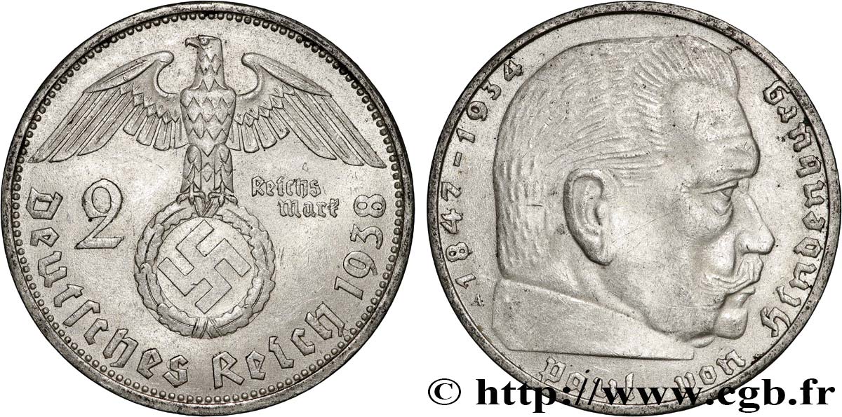 DEUTSCHLAND 2 Reichsmark Paul von Hindenburg 1938 Berlin fVZ 