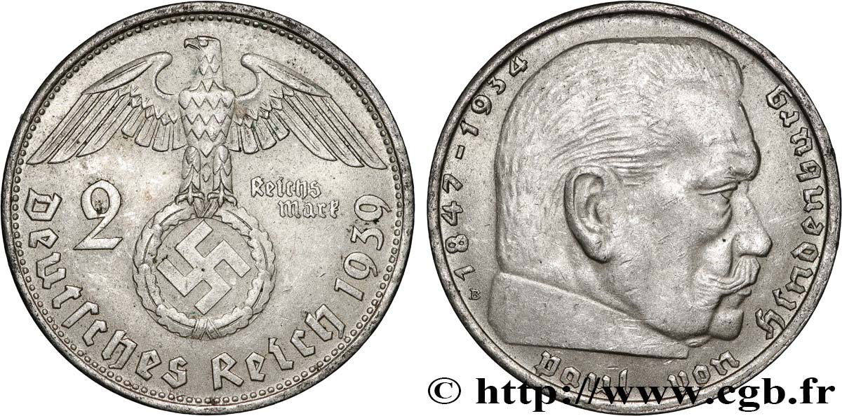 ALLEMAGNE 2 Reichsmark Maréchal Paul von Hindenburg 1939 Munich  TTB+ 