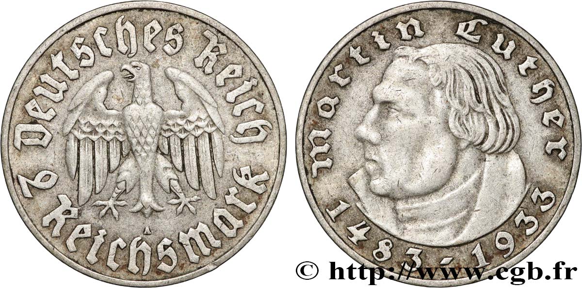GERMANY 2 Reichsmark Martin Luther 1933 Berlin XF 