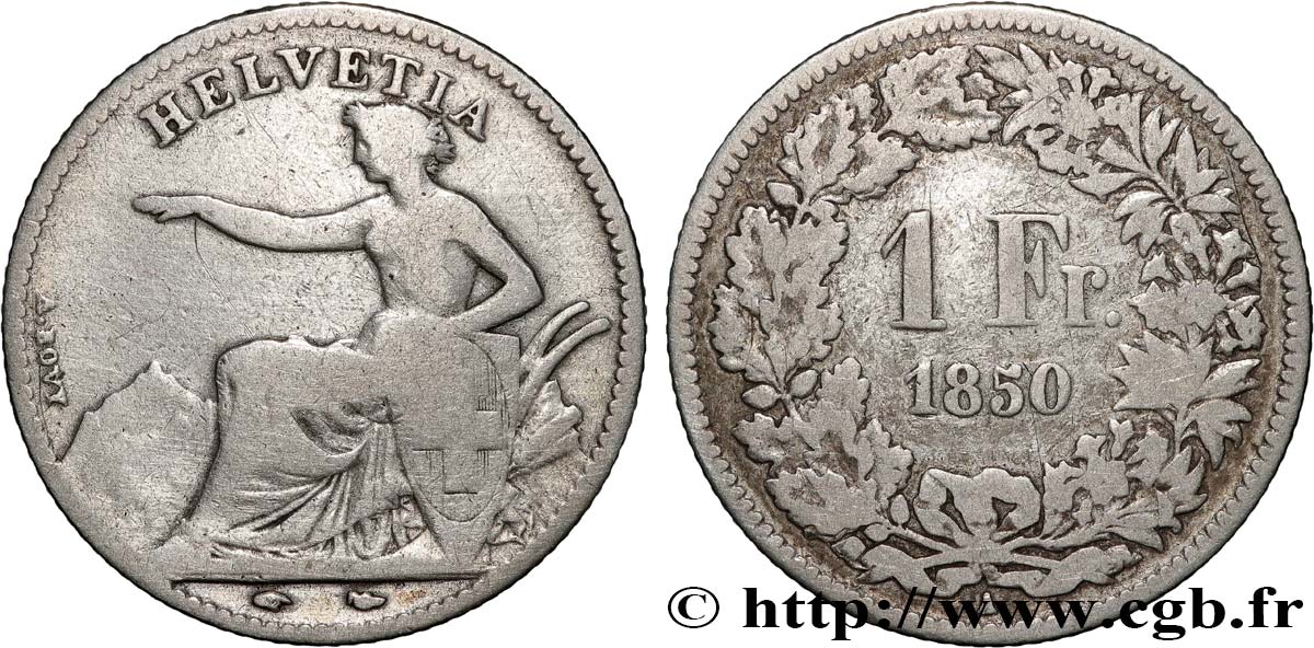 SWITZERLAND - HELVETIC CONFEDERATION 1 Franc Helvetia assise 1850 Paris BC 