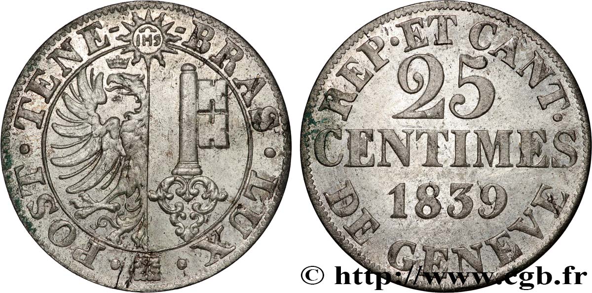 SWITZERLAND - REPUBLIC OF GENEVA 25 Centimes 1839  AU 