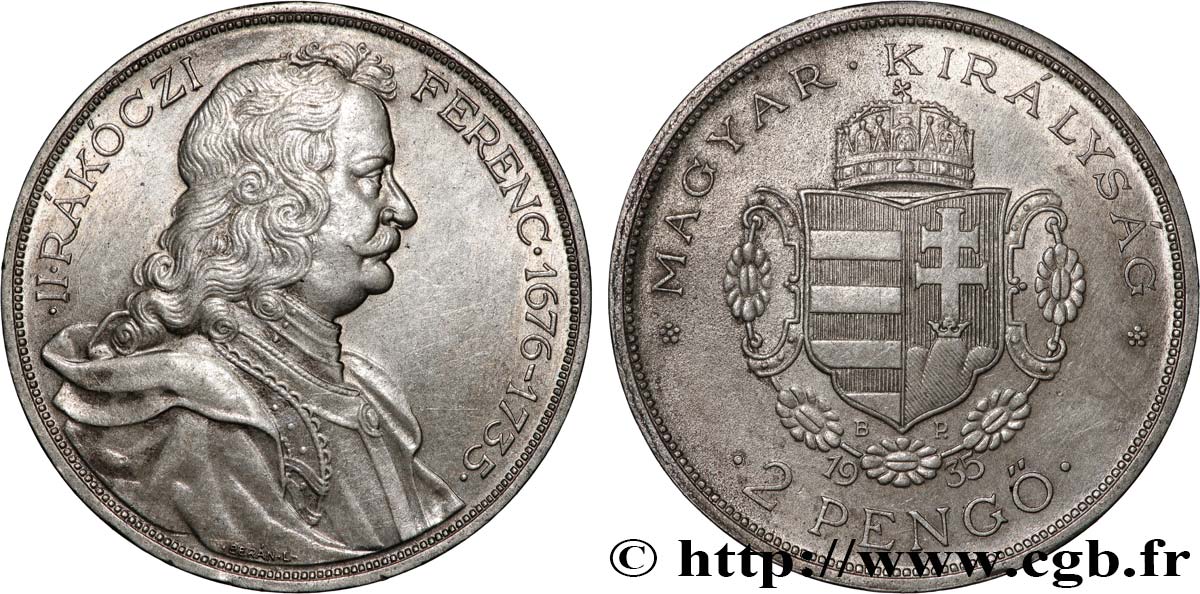 HUNGARY 2 Pengo 300e anniversaire de François II Rákóczi 1935 Budapest AU 