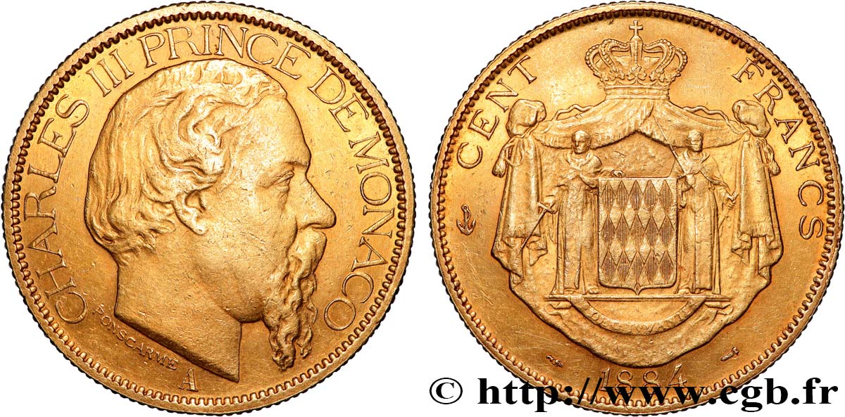 MONACO - PRINCIPAUTÉ DE MONACO - CHARLES III 100 Francs or  1884 Paris XF 