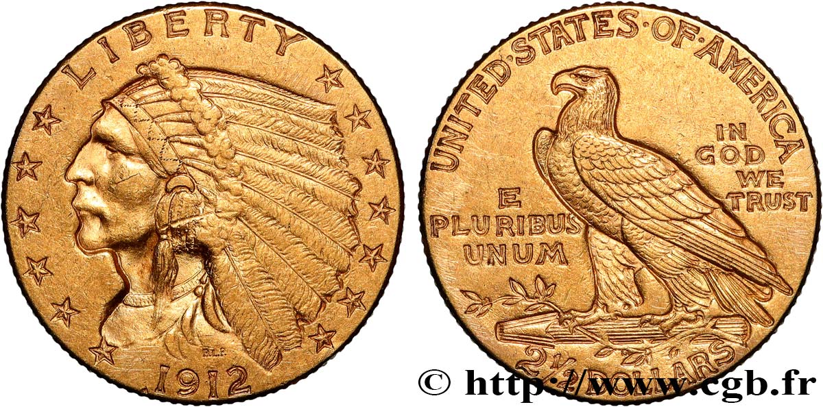 STATI UNITI D&nbsp;AMERICA 2 1/2 Dollars &nbsp;Indian Head&nbsp; 1912 Philadelphie BB 