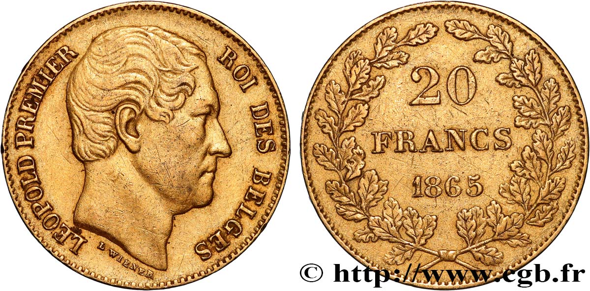 BELGIUM - KINGDOM OF BELGIUM - LEOPOLD I 20 Francs 1865 Bruxelles XF 