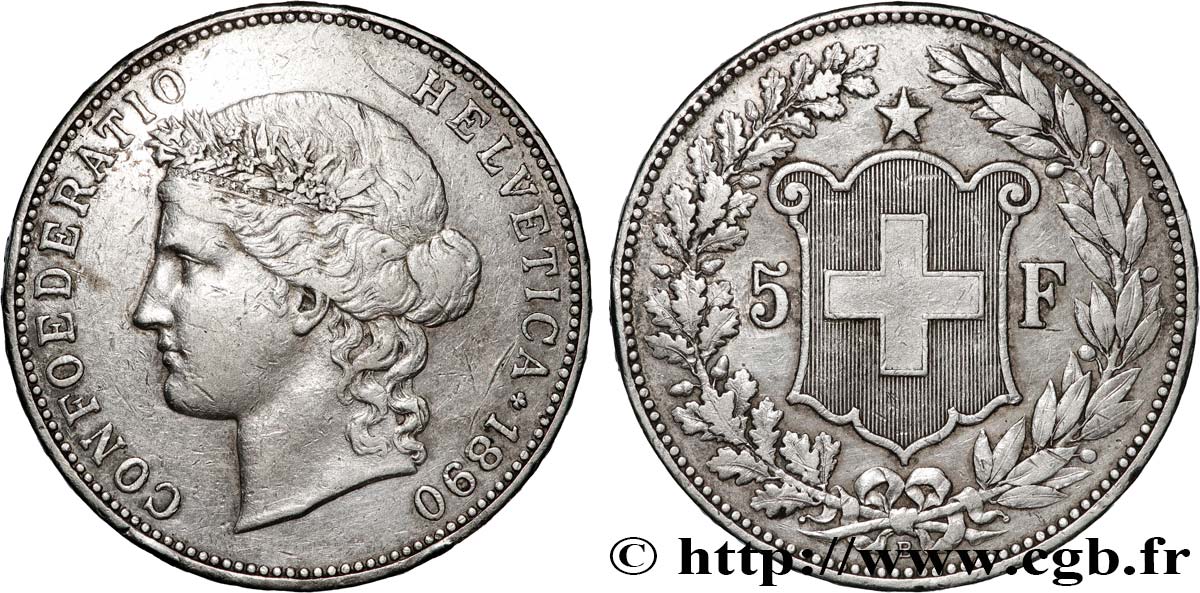 SUISSE 5 Francs Helvetia 1890 Berne TTB 