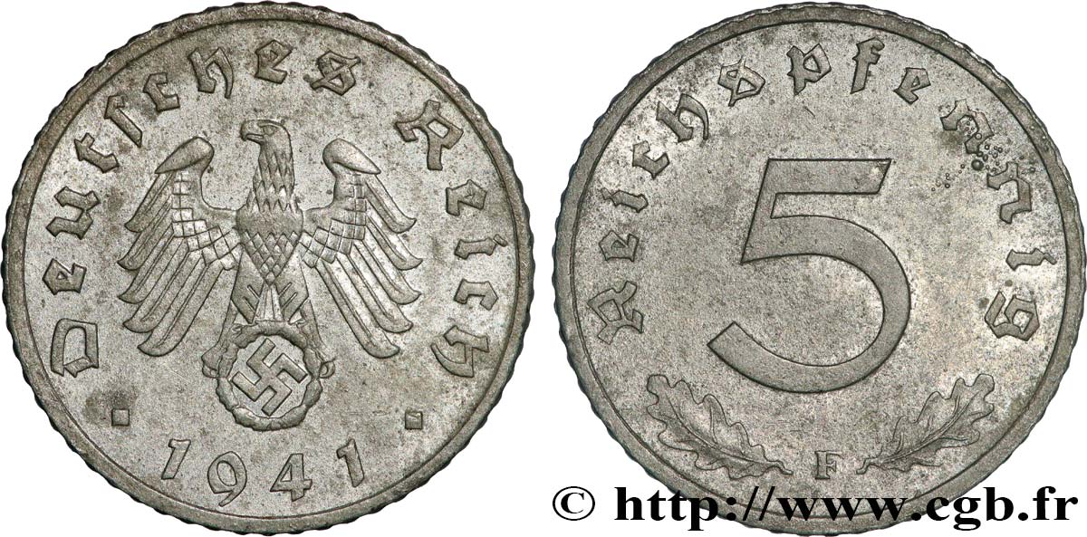 ALLEMAGNE 5 Reichspfennig aigle surmontant une swastika 1941 Stuttgart  TTB+ 