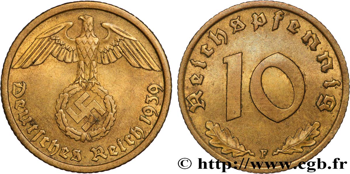 GERMANY 10 Reichspfennig 1939 Stuttgart AU 