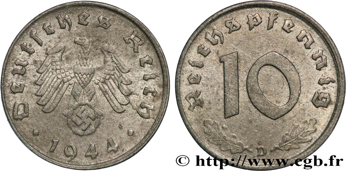 GERMANY 10 Reichspfennig aigle surmontant une swastika 1944 Munich XF 