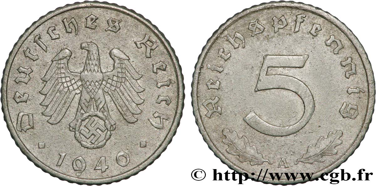 ALLEMAGNE 5 Reichspfennig aigle surmontant une swastika 1940 Berlin TTB+ 