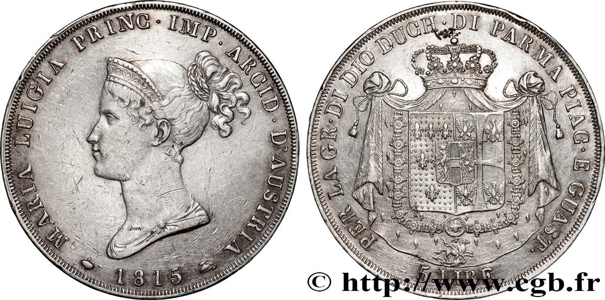 ITALY - DUCHY OF PARMA DE PIACENZA AND GUASTALLA - MARIE-LOUISE OF AUSTRIA 5 Lire 1815 Milan XF 