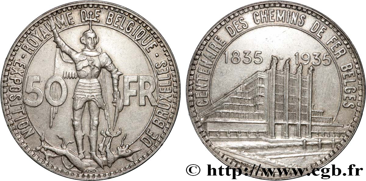 BELGIO 50 Francs Exposition de Bruxelles et centenaire des chemins de fer belges, St Michel en armure légende Flamande, position B 1935  SPL 