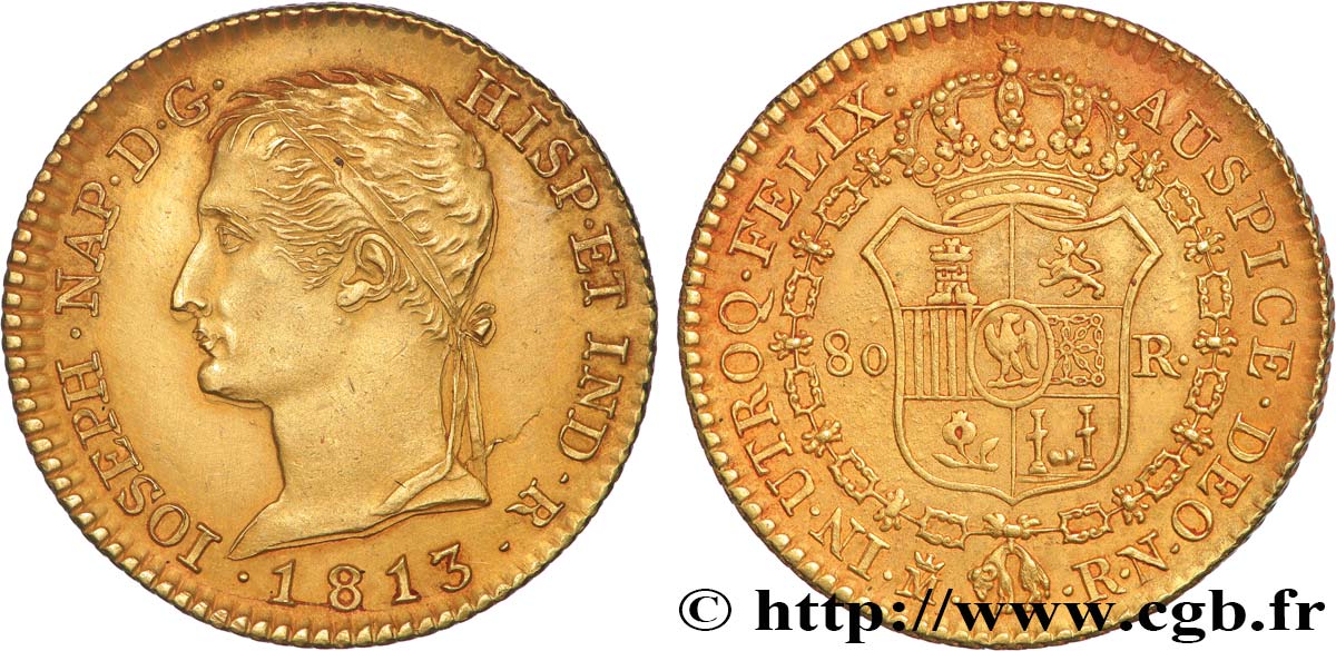 SPAGNA - REGNO DI SPAGNA - GIUSEPPE NAPOLEONE 80 reales  1813 Madrid SPL 