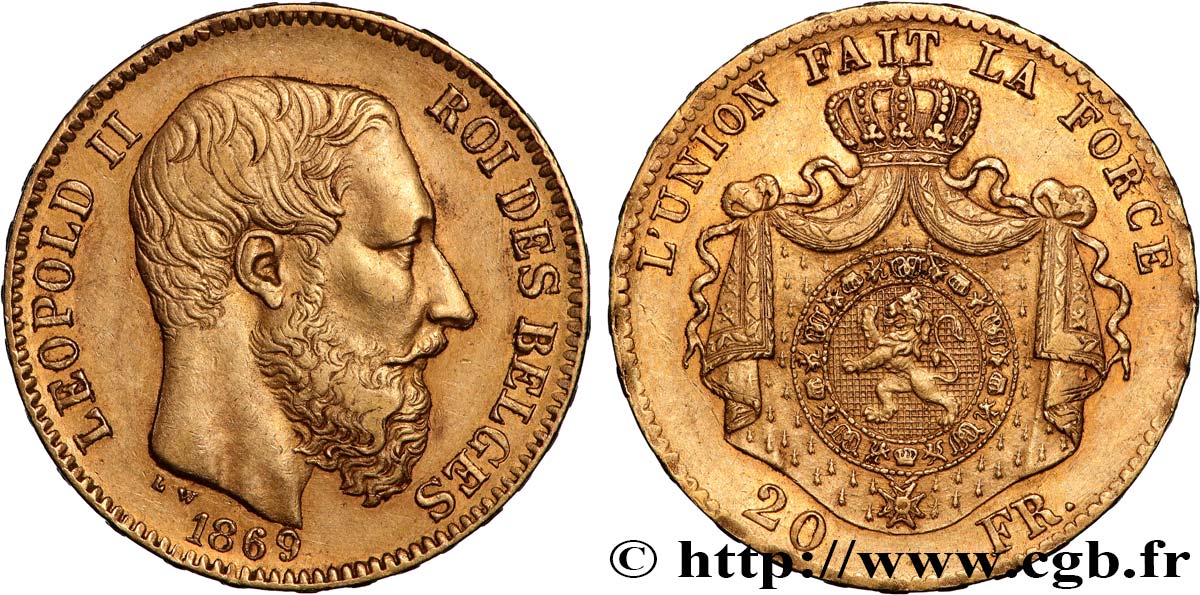 OR, PALLADIUM ET PLATINE INVESTISSEMENT 20 Francs Léopold II 1869 Bruxelles TTB+ 