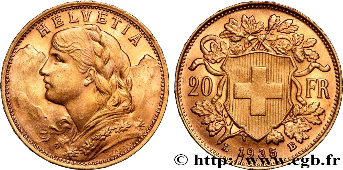INVESTMENT GOLD 20 Francs  Vreneli  1935 Berne MS 